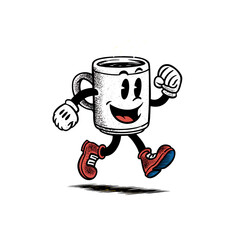 Happy Retro Coffee Cup Character on Transparent Background