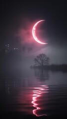  Eerie Pink Crescent Moon Reflected Over Misty Water with Bare Tree