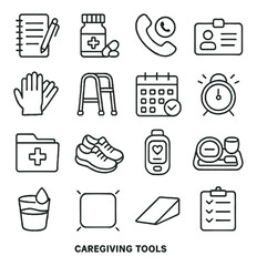 Caregiving Tools line art icons. notepad and pen, medication tracker, emergency number, ID card, gloves icon, mobility aid, daily calendar, reminder alarm, care plan folder,