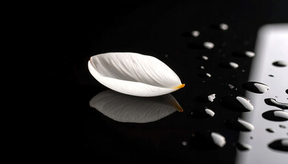 Delicate petal with realistic water droplets and mirrored reflection