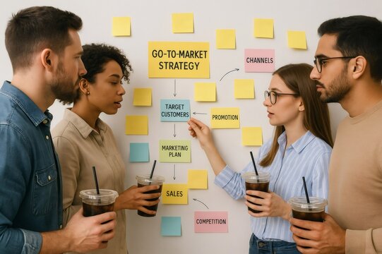 Diverse group of professionals discusses a go to market strategy, holding iced coffee, in a creative office environment with a strategy board