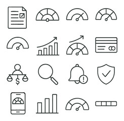 Credit Score Icons line art icons. credit report, credit meter, low score, medium score, high score, credit range graph, score gauge, score improvement arrow, credit card usage,