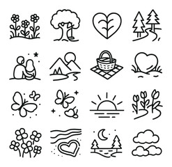 Love & Nature line art icons. flower field, tree swing, heart leaf, path in woods, couple under stars, mountain view, picnic blanket, heart rock, riverbank, butterflies, sunrise,