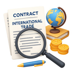 free trade agreement concept. Document related to international trade with a magnifying glass and globe.
