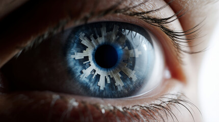 Generative AI Cityscape Reflection in a Human Eye Human eye Iris Urban Buildings Close-up Macro Detail Blue Vision Future Technology Architecture Eyelash Person Face Skin - Unique Design