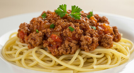 Delicious spaghetti served with rich tomato sauce and grated cheese on a white plate. Perfect for themes like Italian cuisine, culinary lifestyle, and healthy eating. Natural lighting and elegant comp