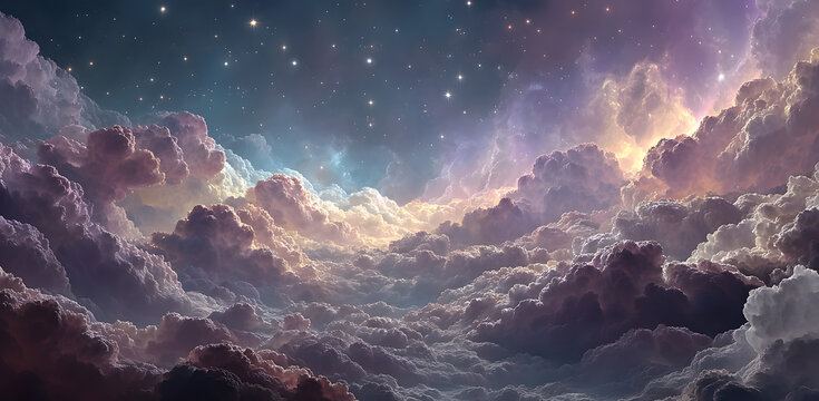 Celestial heavenly spiritual deep space background template - beautiful pastel coloured heavens above cloudscape ideal for an Angelic theme