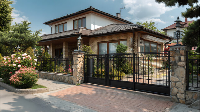 metal gate sliding grey high home fence on suburb street house slide gray on facade