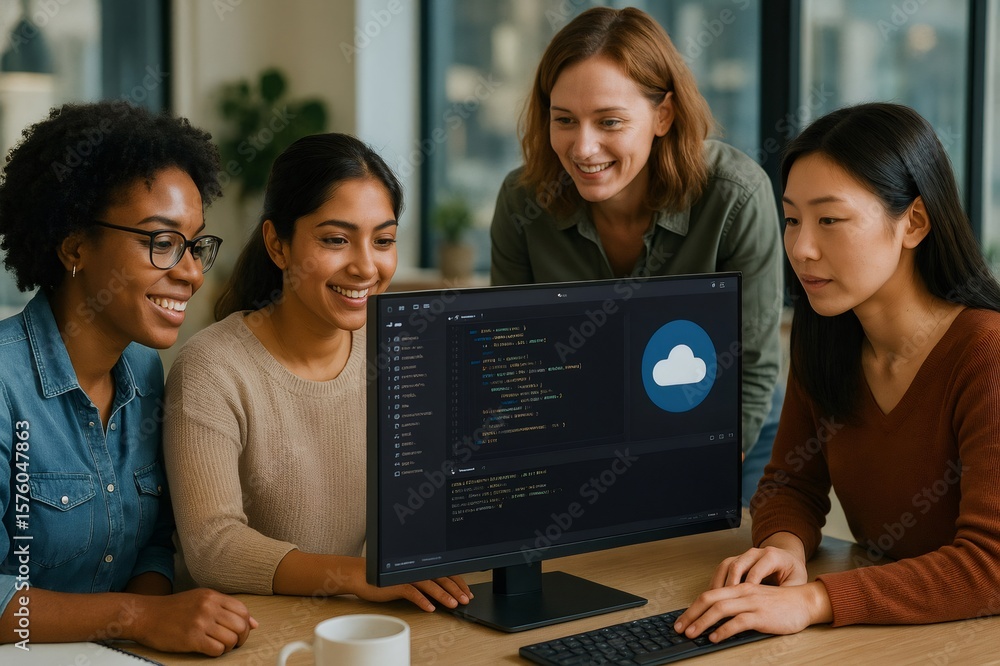 Poster group of diverse women developers working together on a software project, sharing ideas and coding a