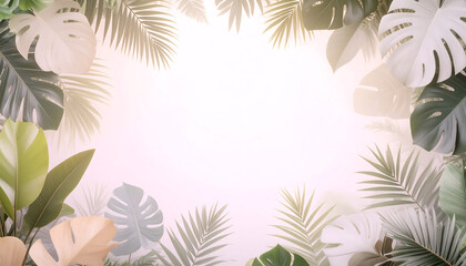 Misty tropical jungle foliage forming a natural frame around empty space