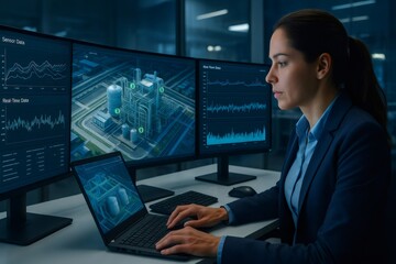Industrial engineer analyzing data of production plant in her office using laptop and multiple monitors showing real time and sensor data