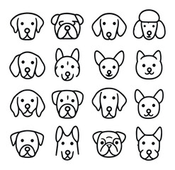 Dog Breeds line art icons. labrador, bulldog, dachshund, poodle, beagle, husky, chihuahua, shiba inu, golden retriever, boxer, great dane, corgi, rottweiler, german shepherd, pug,