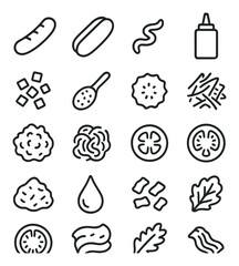 Hot Dog Ingredients line art icons. sausage, hot dog bun, mustard swirl, ketchup bottle, diced onions, relish spoon, pickles slice, cheese shreds, chili topping, sauerkraut, jalape