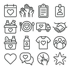 Volunteerism line art icons. calendar heart, hands raised, clipboard, volunteer tag, supply box, food plate, help truck, handshake, donation basket, water bottle, t-shirt icon,