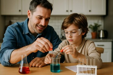 Dad and child enjoying a fun chemistry experiment, mixing colorful liquids in the kitchen, fostering curiosity and learning together