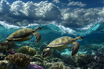 Obraz premium Hawaiian green sea turtle swimming over coral reef in Hawaii, vibrant underwater marine life scene