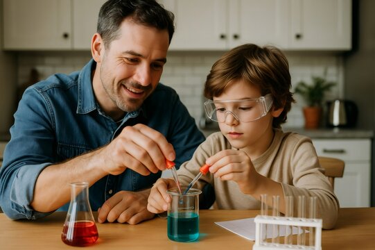 Dad and child enjoying a fun chemistry experiment, mixing colorful liquids in the kitchen, fostering curiosity and learning together
