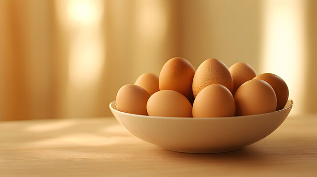 A beautifully lit bowl of fresh brown eggs resting on a wooden table surface capturing morning sunlight a simple yet rustic culinary concept.