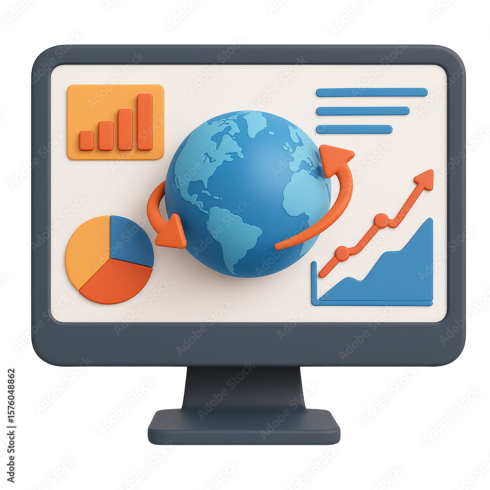 Aufkleber free trade agreement concept. 3d globe with data charts on a computer monitor.