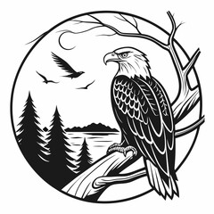 Majestic Bald Eagle Perched on Branch, Black and White Illustration, Serene Lakeside Landscape, Wildlife Art