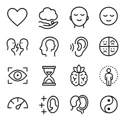 Emotional Intelligence line art icons. heart icon, thought bubble, empathy hands, calm face, conflict resolution, self-awareness head, listening ear, emotions wheel, focus eye,
