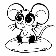 Adorable Cartoon Mouse Sitting on Pillow; Black and White Line Art; Cute, Playful Mood