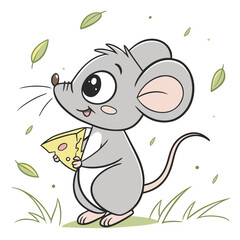 Adorable Cartoon Mouse Holding Cheese, Whimsical Style, Happy Mood, Autumn Leaves