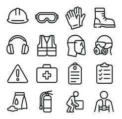 Maintenance Safety line art icons. helmet icon, goggles, gloves, steel toe boot, ear protection, high-visibility vest, face shield, mask icon, hazard zone, first aid kit, lockout