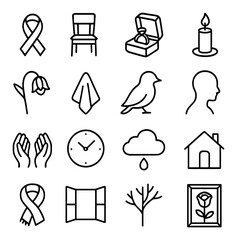 Widowhood Symbols line art icons. black ribbon, lone chair, ring in box, candlelight, mourning flower, handkerchief, single bird, silhouette figure, parted hands, clock symbol,