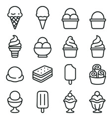 Ice Cream Types line art icons. waffle cone, sugar cone, cake cone, cup, soft serve, scooped ice cream, gelato, frozen yogurt, mochi ice cream, ice cream sandwich, ice cream bar,