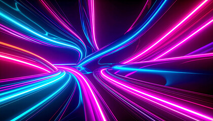 Abstract 3D neon glowing pipes with reflections