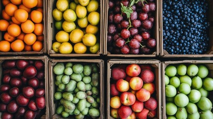 Wooden crates filled with assorted fresh fruits.
