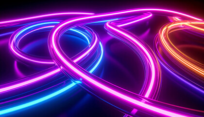Abstract 3D neon glowing pipes with reflections