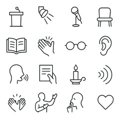 Poetry Reading line art icons. stage podium, spotlight, microphone, audience chair, poetry book, clapping hands, glasses icon, listening ear, speech line, paper in hand, candlelit