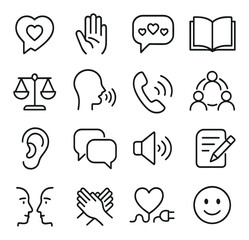 Compassionate Communication line art icons. heart speech bubble, hand gesture, kind words icon, open book, empathy scale, voice wave, phone care call, support circle, ear icon,