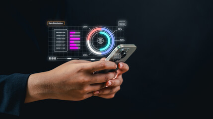 A person using a smartphone with futuristic data visualization and digital analytics graphics...