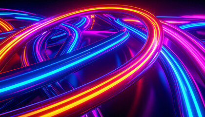 Abstract 3D neon glowing pipes with reflections