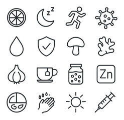 Immunity Boost line art icons. vitamin C, sleep moon, running figure, germ icon, water droplet, immune shield, mushroom, ginger root, garlic bulb, herbal tea, probiotic jar, zinc