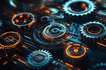 Futuristic mechanical gears with glowing neon lines and cybernetic elements, high-tech abstract background design perfect for technology, innovation, and sci-fi engineering concepts