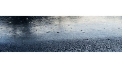 Dark wet asphalt surface with water droplets isolated on a transparent background