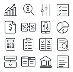 Loan Comparison Tools line art icons. rate chart, loan search icon, comparison slider, feature list, loan offer icons, APR compare, mobile compare app, cost breakdown, loan