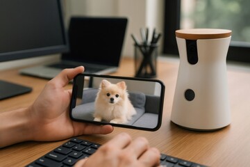 Office worker checking his dog through a pet camera app on his smartphone while working remotely