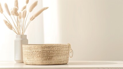 Fototapeta premium Minimalist Home Decor, Vase, Basket, Dried Flowers