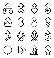 Gaming Arrows line art icons. controller direction arrow, level-up arrow, health boost arrow, score increase arrow, boss path arrow, quest direction, item pickup arrow, inventory