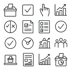 Voting & Polls line art icons. ballot box, checkbox, vote hand, poll bar chart, decision icon, voting paper, poll form, check mark, cross mark, opinion dial, public poll, group
