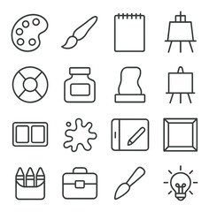 Art & Creativity line art icons. paint palette, brush stroke, sketchpad, easel, color wheel, ink bottle, canvas icon, sculpture tool, watercolor pan, paint splatter, digital tablet
