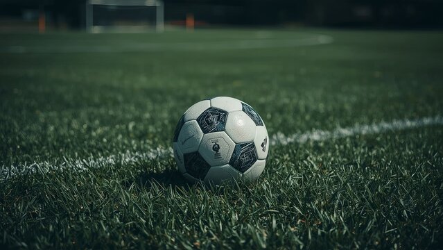 Close-up of a classic soccer ball resting on a green grass field under natural sunlight, capturing the essence of the game and the anticipation of play in a vibrant and energetic sports atmosphere - Powered by Adobe