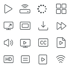 Streaming Media line art icons. play button, streaming device, buffering icon, channel grid, watchlist icon, screen share, video episode, download icon, rewind arrow, fast forward,