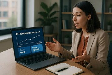 Businesswoman using AI software on laptop for presentation rehearsal, receiving feedback on tone, clarity, and confidence