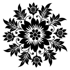 Black floral ornamental pattern with leaves and flowers white background